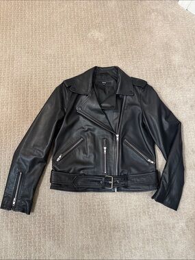Quince Black Leather Biker Jacket with Silver Hardware